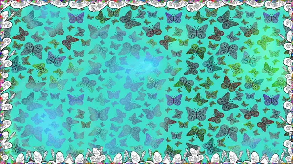 Mavi ve yeşil renkli bir resim. Fantezi çizimi. Raster illüstrasyonu. Moda sevimli kumaş tasarımı. Kelebekli güzel moda deseni.