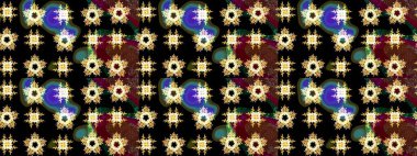 Tekrar eden çiçek arkaplanı, zarif siyah çiçek duvar kağıdı. Siyah renkler üzerine çiçek desenli çizimler, el yapımı papatyalar, papatyalar..