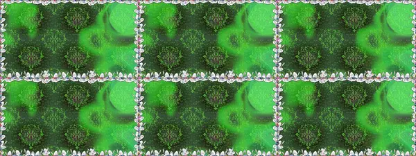 Raster illüstrasyonu. Çiçeklerle suluboya desenli çiçek deseni. Yeşil renkli Asyalı tekstil.