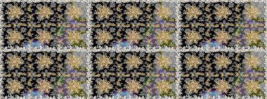 Altın karalama fantezi yapraklarından ve gri renkli çiçeklerden Raster soyut çiçek çelengi. El yapımı dekoratif çerçeve, albüm kapağı, tebrik kartı, klasik Art deco tarzı.