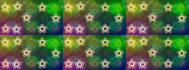 Yeşil, kahverengi ve mavi kar taneleri. Güzel tasarım. Kar tanelerinin soyut arkaplanlı Noel arkaplanı. Noel için tatil tasarımı, yeni yıl moda baskıları. Raster illüstrasyonu.