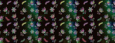 Kumaş desenli papatya çiçeği detayı. Siyah, gri ve yeşil renkte çiçekler.