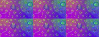 Birçok menekşe ve soyut çiçekli tropik çizim deseni. Küçük çiçekteki sevimli çiçek deseni. Varisolyot raster çizimi.