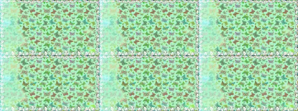 Güzel bir kumaş tasarımı. Raster Kelebekleri deseni. Tarafsız ve yeşil renkler üzerine bir resim. Soyut, kusursuz arkaplan.