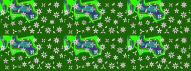 Yapraklı çiçekler ve yeşil renkli papatya çiçekleri. Raster - stok. Taslak arkaplan deseni.