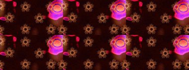 Raster illüstrasyonu. Kar tanelerinin soyut arkaplanlı Noel şablonu. Noel ve yeni yıl moda baskıları için tatil tasarımı. Siyah, kahverengi ve kırmızı renkler.