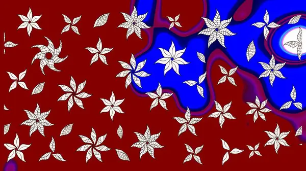 Çocuksu tasarım. Tekstil, kumaş, ambalaj, hatıra defteri için hoş bir çiçek arkaplanı. Elle çizilmiş çiçek desenli Raster çizimi. Kırmızı arkaplanda.