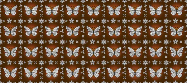 Kıyafetler, erkekler, kızlar ve duvar kağıtları için soyut, pürüzsüz desen. Kahverengi, beyaz ve siyah renkli bir resim. Kelebeklerle.
