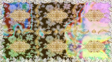 Altın antika ortaçağ dekoratifi, yapraklar ve tarafsız renklerde altın desenli süslemeleri olan dikişsiz bir şablon. Kusursuz kraliyet lüksü, altın barok kumaş rengi..