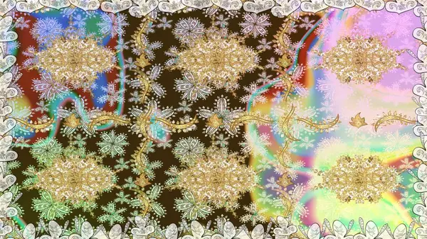 Altın antika ortaçağ dekoratifi, yapraklar ve tarafsız renklerde altın desenli süslemeleri olan dikişsiz bir şablon. Kusursuz kraliyet lüksü, altın barok kumaş rengi..