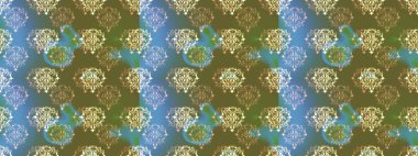 İşlemeli çiçekli, dikişsiz desen. Renkli grunge, koyu yeşil, mavi ve nötr çiçeklerle soyut bir arka plan oluşturur. İzler, kumaş, duvar kağıtları, tekstil için raster dokusu.