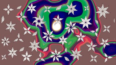 Raster - stok. Yapraklı çiçekler ve kahverengi renkli papatya çiçekleri. Taslak arkaplan deseni.