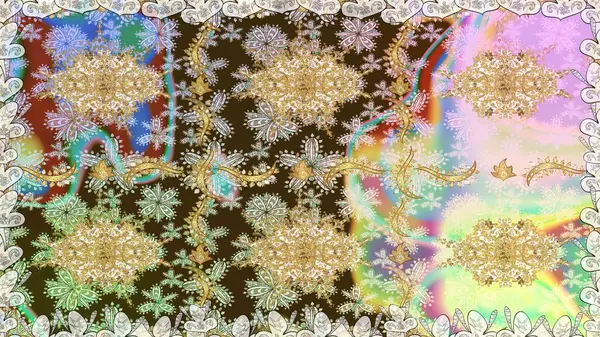 Altın antika ortaçağ dekoratifi, yapraklar ve tarafsız renklerde altın desenli süslemeleri olan dikişsiz bir şablon. Kusursuz kraliyet lüksü, altın barok kumaş rengi..