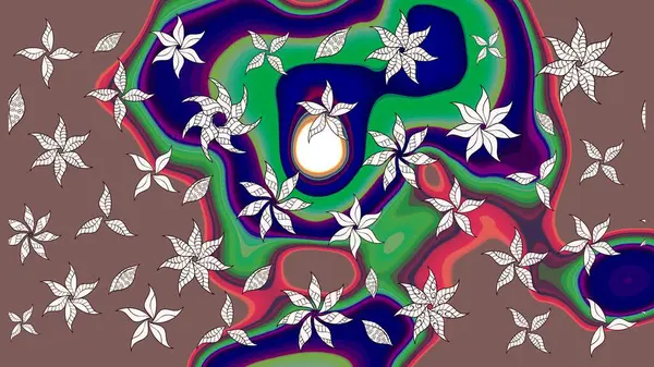 Raster - stok. Yapraklı çiçekler ve kahverengi renkli papatya çiçekleri. Taslak arkaplan deseni.