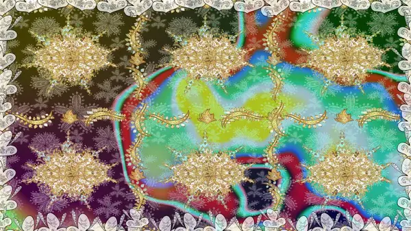 Barok tarzında altın çiçekli süs. Damask pürüzsüz yineleme kalıbı. Antika altın tekrarlanabilir duvar kağıdı. Tarafsız renklerde altın element.