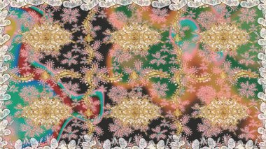 Raster illüstrasyonu. Bej renkli ve altın elementli klasik, dikişsiz desen.