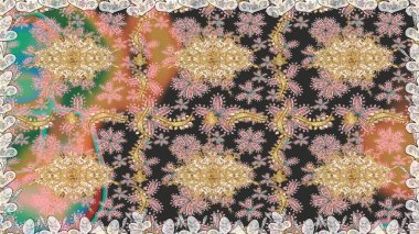 Çiçek desenli altın metal. Raster altın çiçek süsü brokar kumaş ve cam desenli. Kusursuz altın desen. Altın elementli gri renkler.