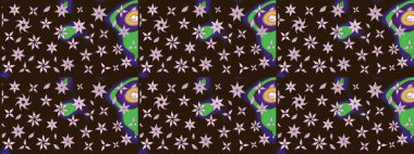 Parlak renkli çiçekleri ve kahverengi renkli yaprakları olan harika bir çiçek deseni. Modern çiçek arkaplanı. Moda baskıları için zarif bir şablon. Halk stili.