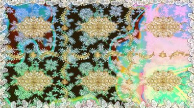 Damask pürüzsüz süsü. Geleneksel raster ve altın desen. Nötr renkler üzerinde klasik oryantal desen.