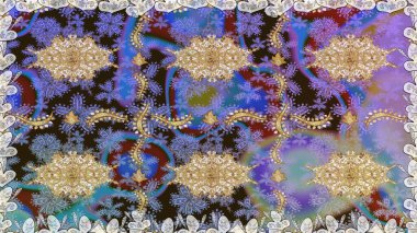 Raster illüstrasyonu. Tarafsız renklerde altın. Kusursuz ortaçağ çiçek deseni. Dekoratif simetri arabesk. Doğum günü, davetiye ya da afiş için tebrik kartı.