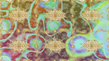 Doğum günü kartı, davetiye ya da afiş için iyidir. Dekoratif simetri arabesk. Raster illüstrasyonu. Kusursuz ortaçağ çiçek deseni. Tarafsız renklerde altın.