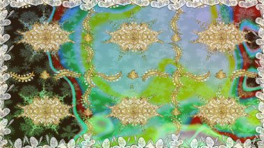 Yeşil renkte altın. Raster illüstrasyonu. Doğum günü kartı, davetiye ya da afiş için iyidir. Dekoratif simetri arabesk. Kusursuz ortaçağ çiçek desenleri..