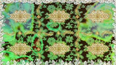 Yeşil renklerdeki altın element. Barok tarzında altın çiçekli süs. Doku arka planında altın duvar kâğıdı. Damask kusursuz yinelenen arkaplan.