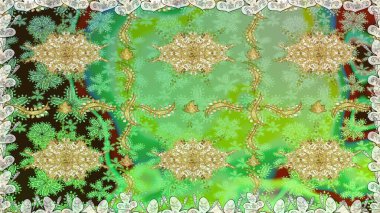 Yeşil renklerde, altın elementlerle kusursuz desen. Kusursuz klasik raster altın desenli. Geleneksel oryantasyon süsü. Klasik vintage arkaplan.