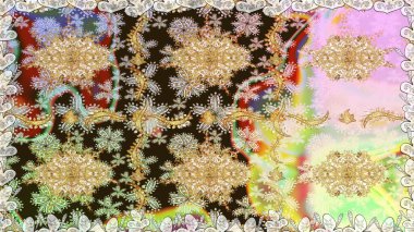 Dekoratif simetri arabesk. Raster illüstrasyonu. Tarafsız renklerde altın. Doğum günü kartı, davetiye ya da afiş için iyidir. Kusursuz ortaçağ çiçek desenleri..