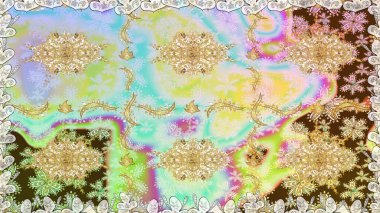 Raster illüstrasyonu. Doğu tarzı arabesk. Altın elementli nötr renkler. Kusursuz altın desenli bukleler. Raster altın desen.