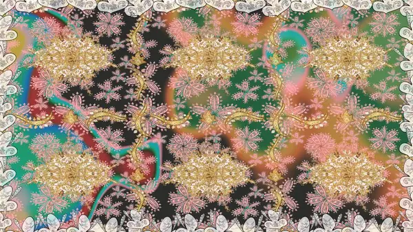 Raster illüstrasyonu. Bej renkli ve altın elementli klasik, dikişsiz desen.