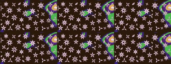 Parlak renkli çiçekleri ve kahverengi renkli yaprakları olan harika bir çiçek deseni. Modern çiçek arkaplanı. Moda baskıları için zarif bir şablon. Halk stili.