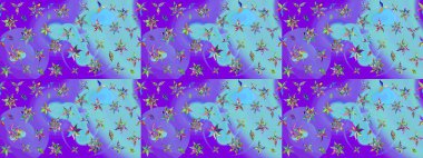 Modern çiçek arkaplanı. Parlak renkli çiçekleri ve mor renkli yaprakları olan harika bir çiçek deseni. Moda baskıları için zarif bir şablon. Halk stili.