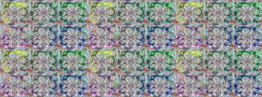 Raster - stok. Kusursuz bir arka plan modeli. Yapraklı çiçekler ve doğal renklerde papatya çiçekleri..