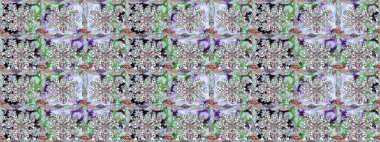 Çiçeksiz desenli, suluboya elle çizilmiş elementler. Parlak renkli fantezi çiçekleri, yapraklar, tarafsız renklerde tomurcuklar.