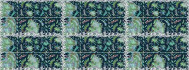 Raster illüstrasyonu. Raster deseni. Patlayan çiçekler soyut olarak yerleştirilmiş. Yumuşak, bahar çiçekleri mavi renklerde.