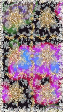 Gri renklerde, altın elementlerle kusursuz desen. Hassas altın deseni açın. Raster. Doğu tarzı arabesk. Parlak dantel, stilize çiçekler, şal desenli. Kusursuz altın dokular bukleler.