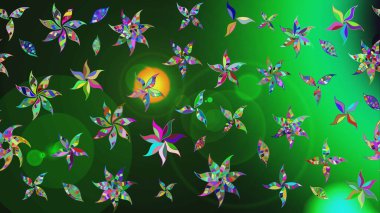 El çizimi çiçek unsurları olan soyut çizim raster deseni. Retro tekstil tasarım koleksiyonu. Çiçekli ipek eşarp. Yeşil yeşile. 1950 'ler-1960' lar motifleri.