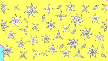 Nazikçe, sarı renkte bahar çiçekleri. Raster illüstrasyonu. Yaprak ve çiçeklerin suluboya resimleri, sarı renkte çizimler..