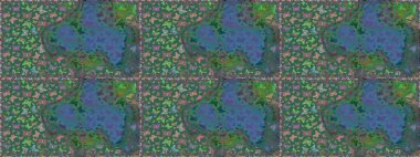 Mavi ve yeşil arka planda renkli kelebekler. Renkli folklorlu, kelebekli kusursuz desen. Paketleme, kağıt, kumaş için uygun.