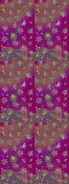 Moda baskıları için zarif bir şablon. Halk tarzı. Modern çiçek arkaplanı. Parlak renkli çiçekleri ve mor renkli yaprakları olan muhteşem bir çiçek deseni..