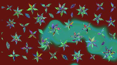 Raster illüstrasyonu. Şirin çiçekli eskiz deseni ve kırmızı renklerde yapraklar, suluboya çiçek deseni, duvar kağıdı, kart veya kumaş için fayanslı.