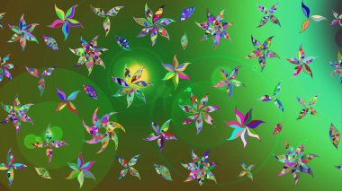 Raster illüstrasyonu. Yumuşak, yeşil renkli bahar çiçekleri. Yaprak ve çiçeklerin suluboya resmi, yeşil renkte çizim deseni.