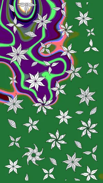 Yeşil renkli Asya tekstili. Raster illüstrasyonu. Suluboya çiçekli çiçek deseni.