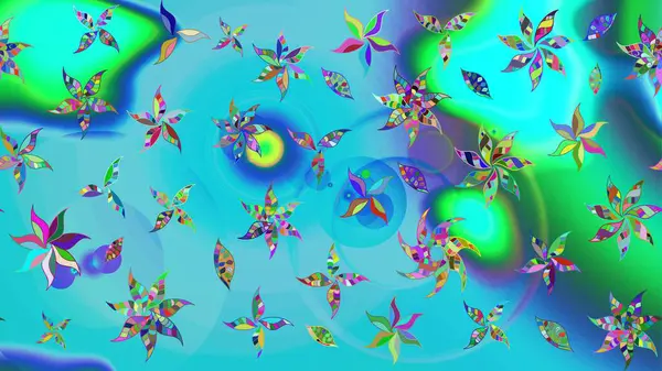 Raster illüstrasyonu. Asya tekstil tarzında. Çiçek desenli çizim. Mavi renkli çiçekler. Raster illüstrasyonu.