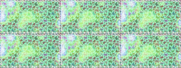 Raster illüstrasyonu. Kusursuz desen. Kumaş, tekstil, baskı ve davetiye için arka plan. Yeşil, mavi ve nötr renklerde güzel renk kelebekleri.