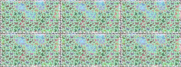 Raster illüstrasyonu. Tasarım için Raster Kelebekleri. Farklı renkte kelebeklerden kusursuz. Kıyafet tarzı için mavi ve nötr arka plan dekorasyonu. Fantezi renkli resimler koleksiyonu.