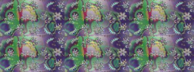 Renkli Yaz Temalı Kusursuz Arkaplan. Raster illüstrasyonunda kusursuz çiçek deseni. Düz Çiçek Elementleri Tasarımı. Yeşil, nötr ve mor renkte çiçekler.