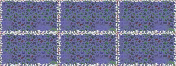 Raster illüstrasyonu. Güzel bir kumaş tasarımı. Dekoratif el çizimi kelebekler. Mor ve mavi renkte resim.