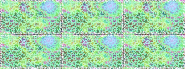 Raster illüstrasyonu. Doğa kelebeği temasını mavi ve yeşil renklerle tekrarlıyor. Güzel, pürüzsüz kelebek yineleme dokusu kontrastlı sırt katmanında izole edilmiş. Korunmak için vahşi yaşam böcekleri arka planı.